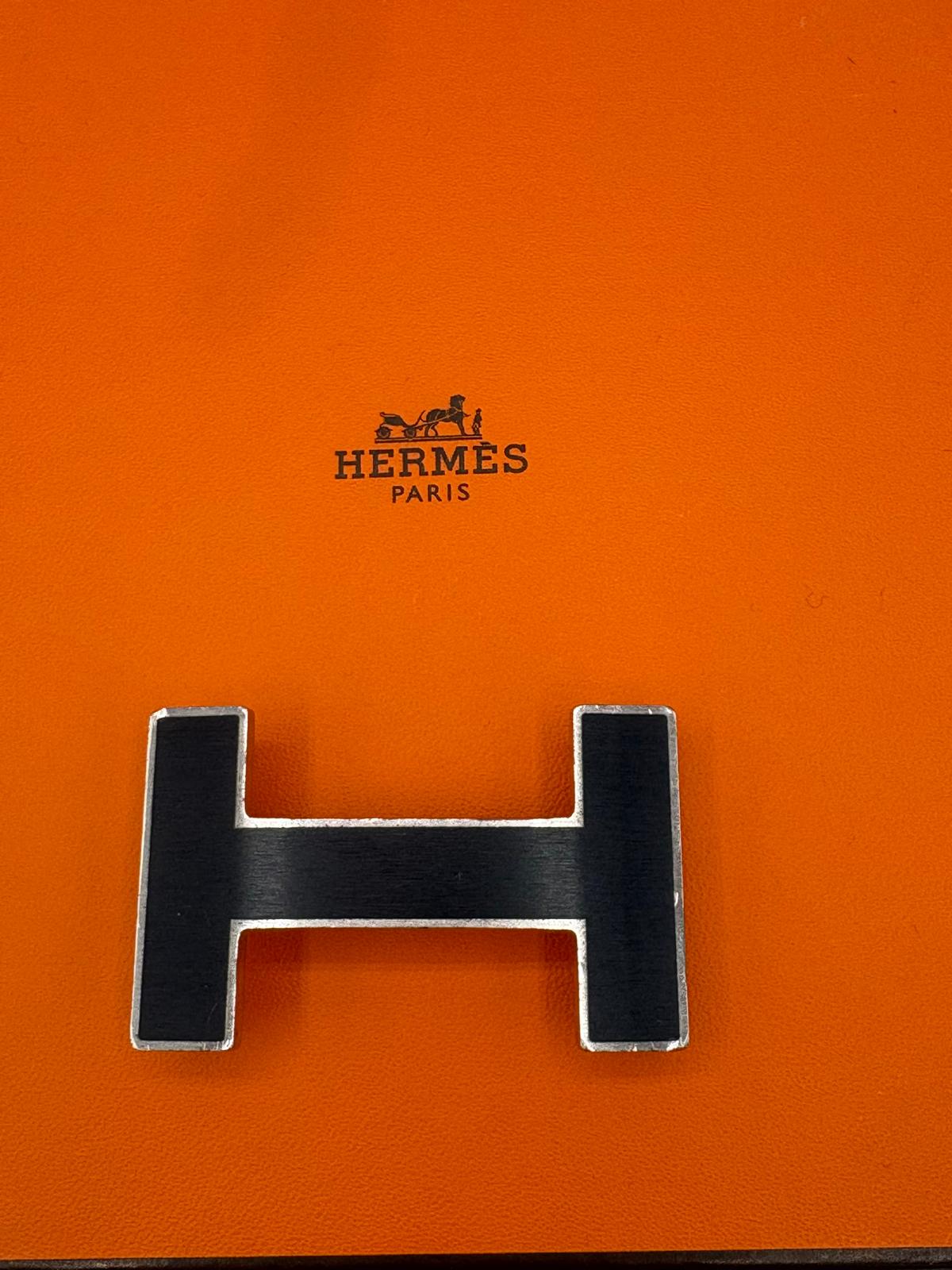 Hermes Navy Leather Belt Size 95 Navy 'Quizz' Buckle Silver Trim