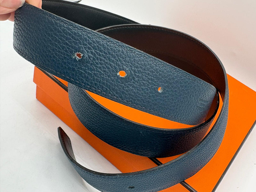 Hermes Navy Leather Belt Size 95 Navy 'Quizz' Buckle Silver Trim