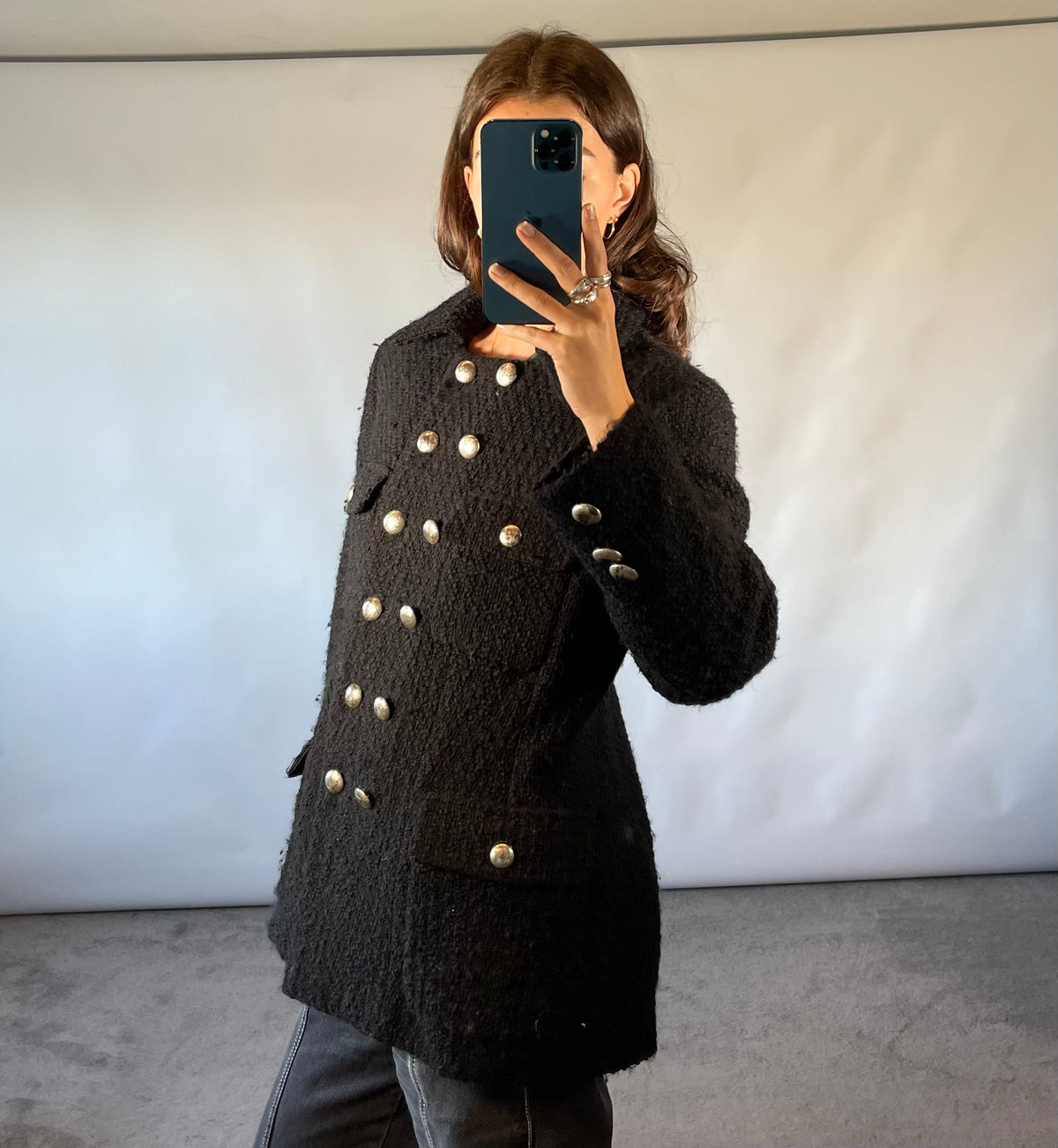 Vintage Hobbs Marilyn Anselm Black Wool Bouclé Military Jacket