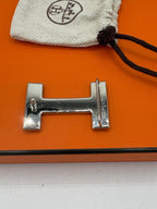 Hermes Navy Leather Belt Size 95 Navy 'Quizz' Buckle Silver Trim