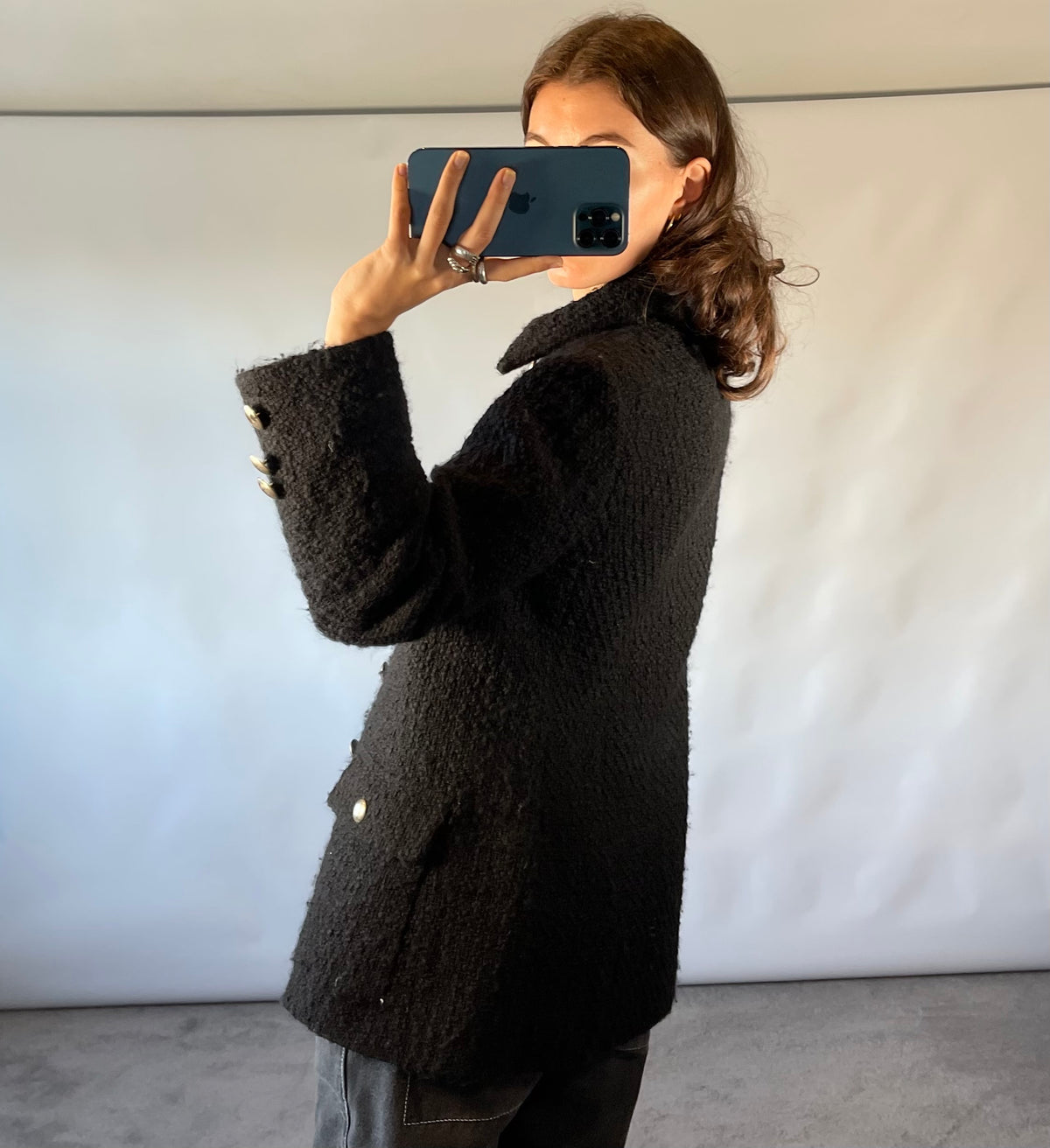 Vintage Hobbs Marilyn Anselm Black Wool Bouclé Military Jacket