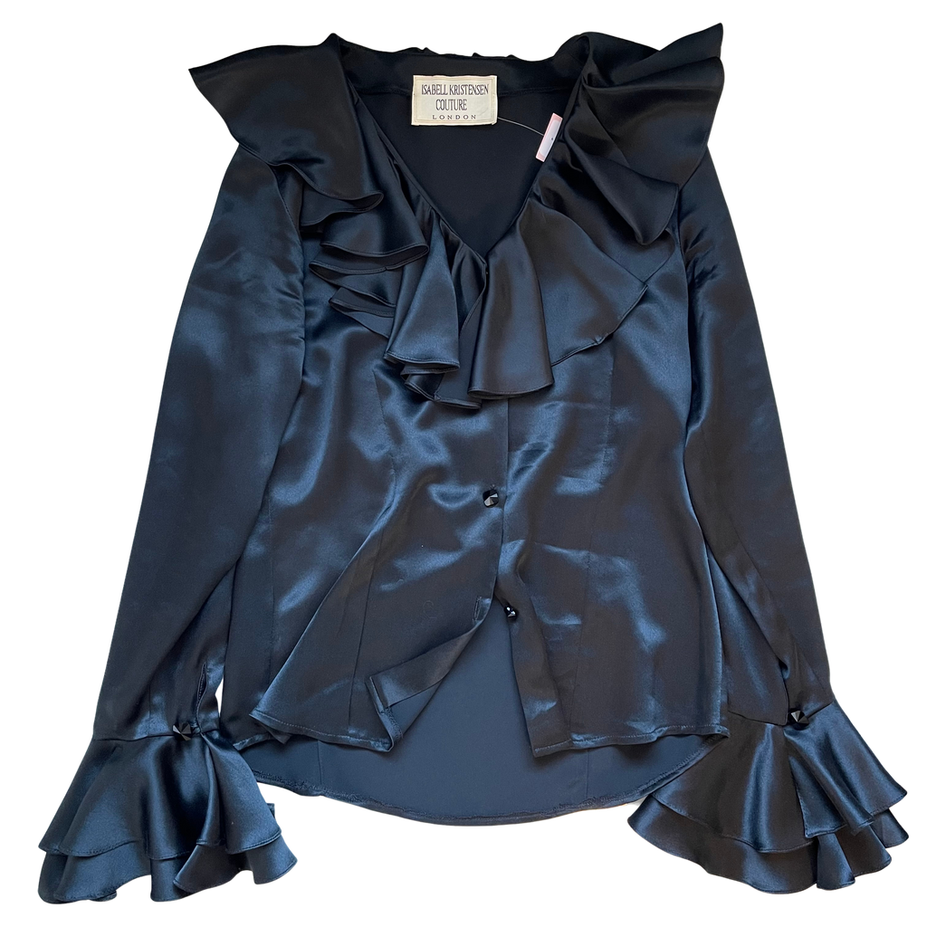 Isabell Kristensen Couture Black Satin Ruffle V Neck Blouse