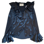 Isabell Kristensen Couture Black Satin Ruffle V Neck Blouse