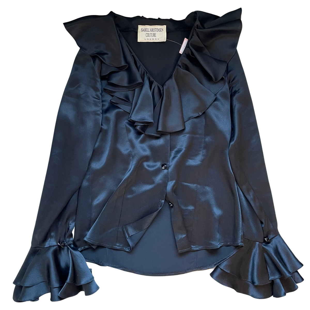 Isabell Kristensen Couture Black Satin Ruffle V Neck Blouse