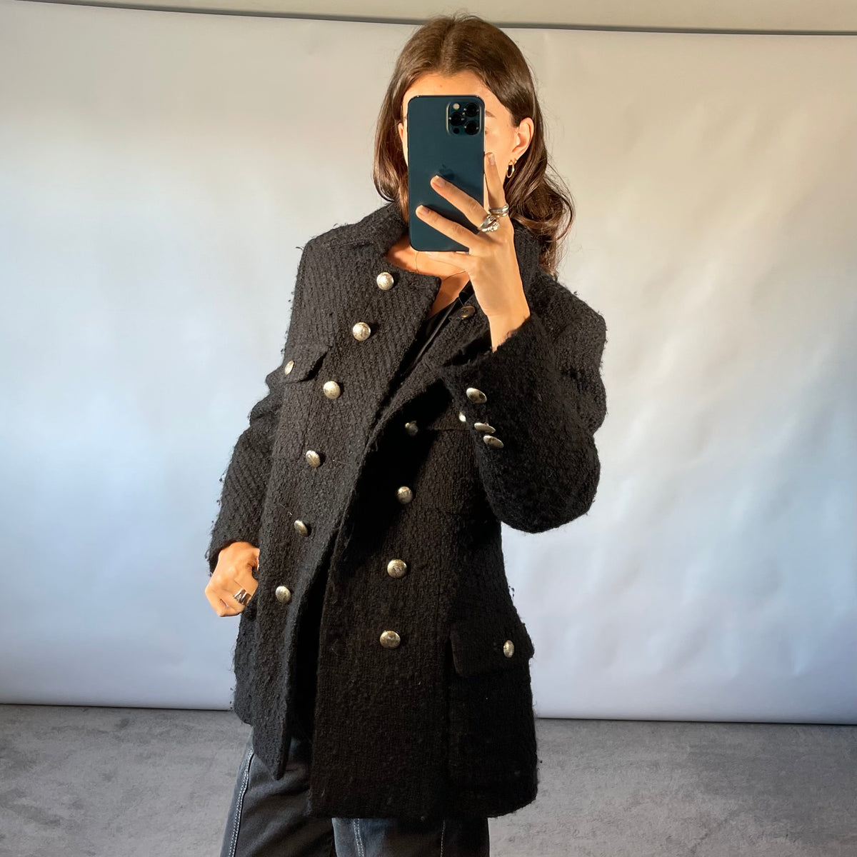 Vintage Hobbs Marilyn Anselm Black Wool Bouclé Military Jacket