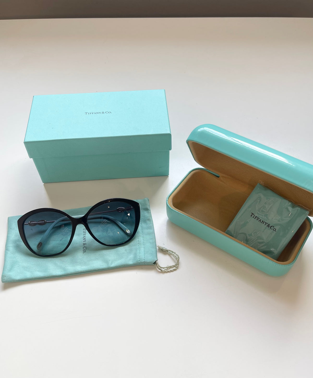 Tiffany & Co Sunglasses TF4144B Cat Eye Silver Bow Detail Side Black Blue Frame