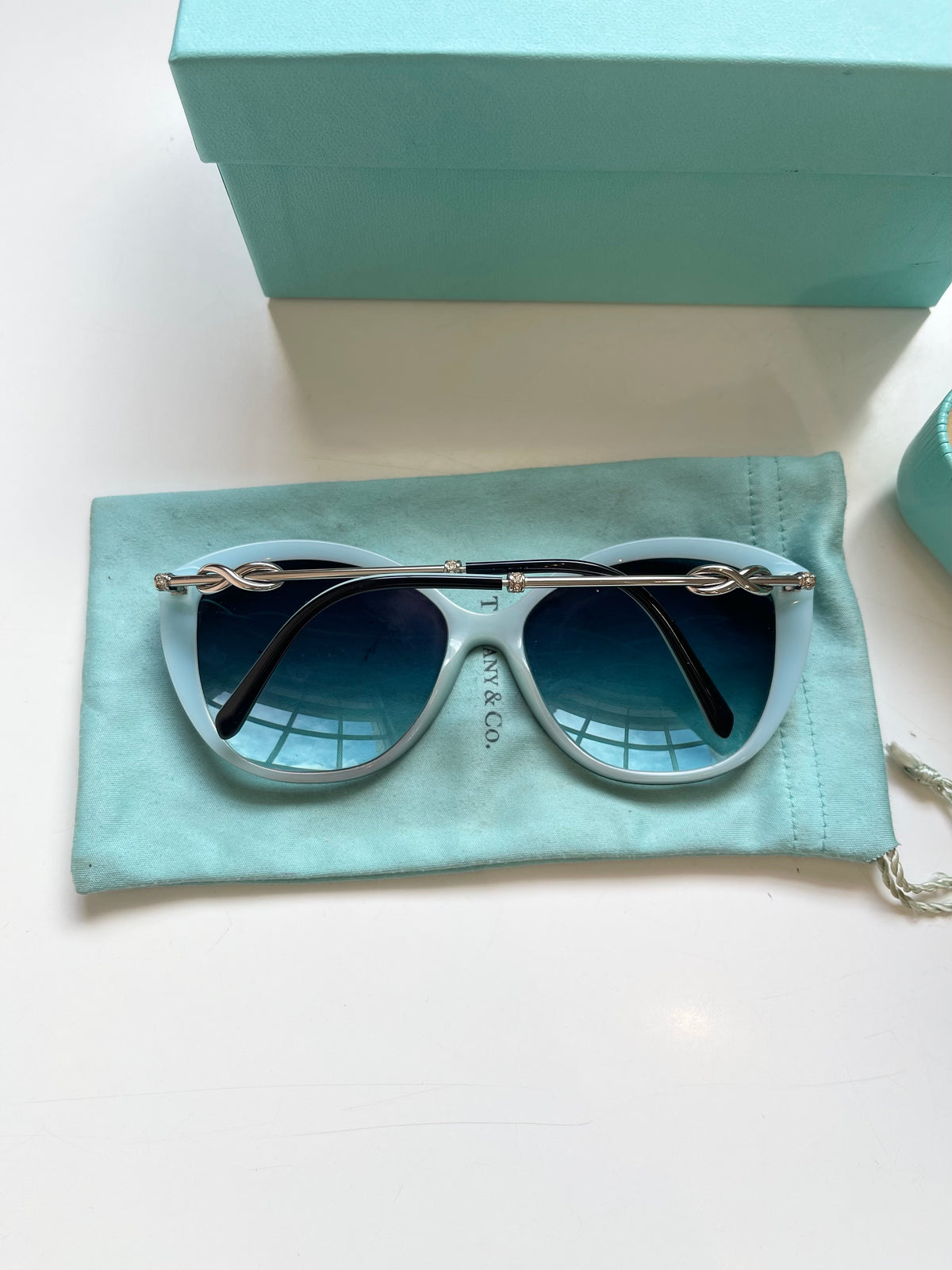 Tiffany & Co Sunglasses TF4144B Cat Eye Silver Bow Detail Side Black Blue Frame