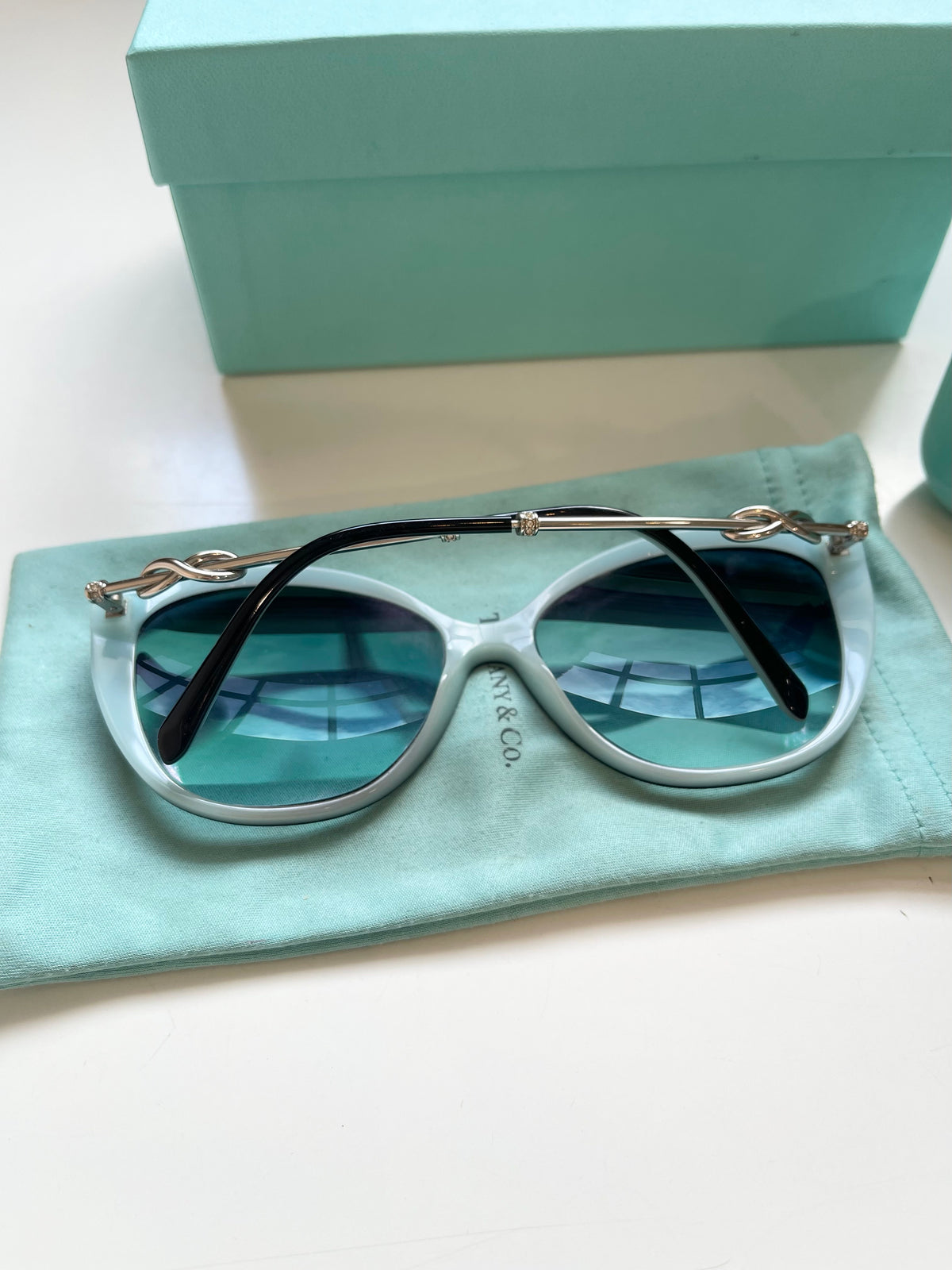 Tiffany & Co Sunglasses TF4144B Cat Eye Silver Bow Detail Side Black Blue Frame