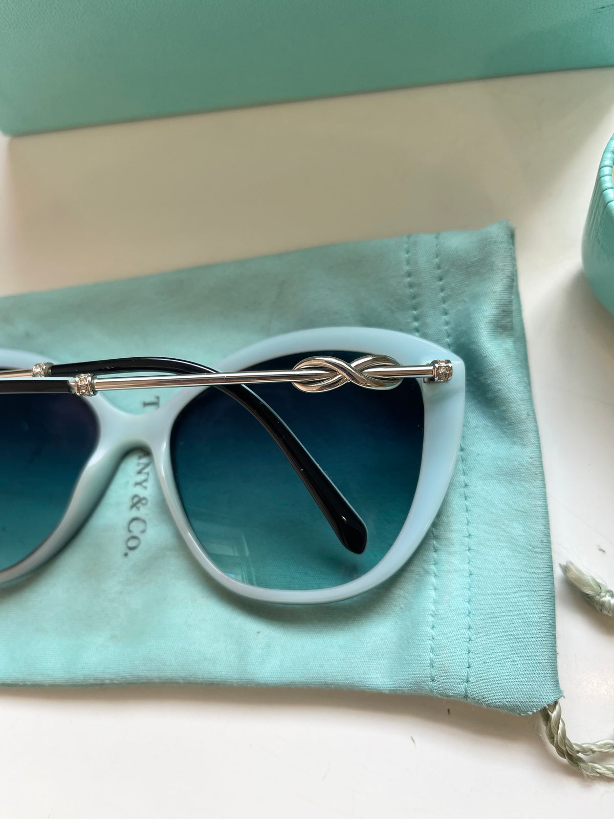 Tiffany & Co Sunglasses TF4144B Cat Eye Silver Bow Detail Side Black Blue Frame