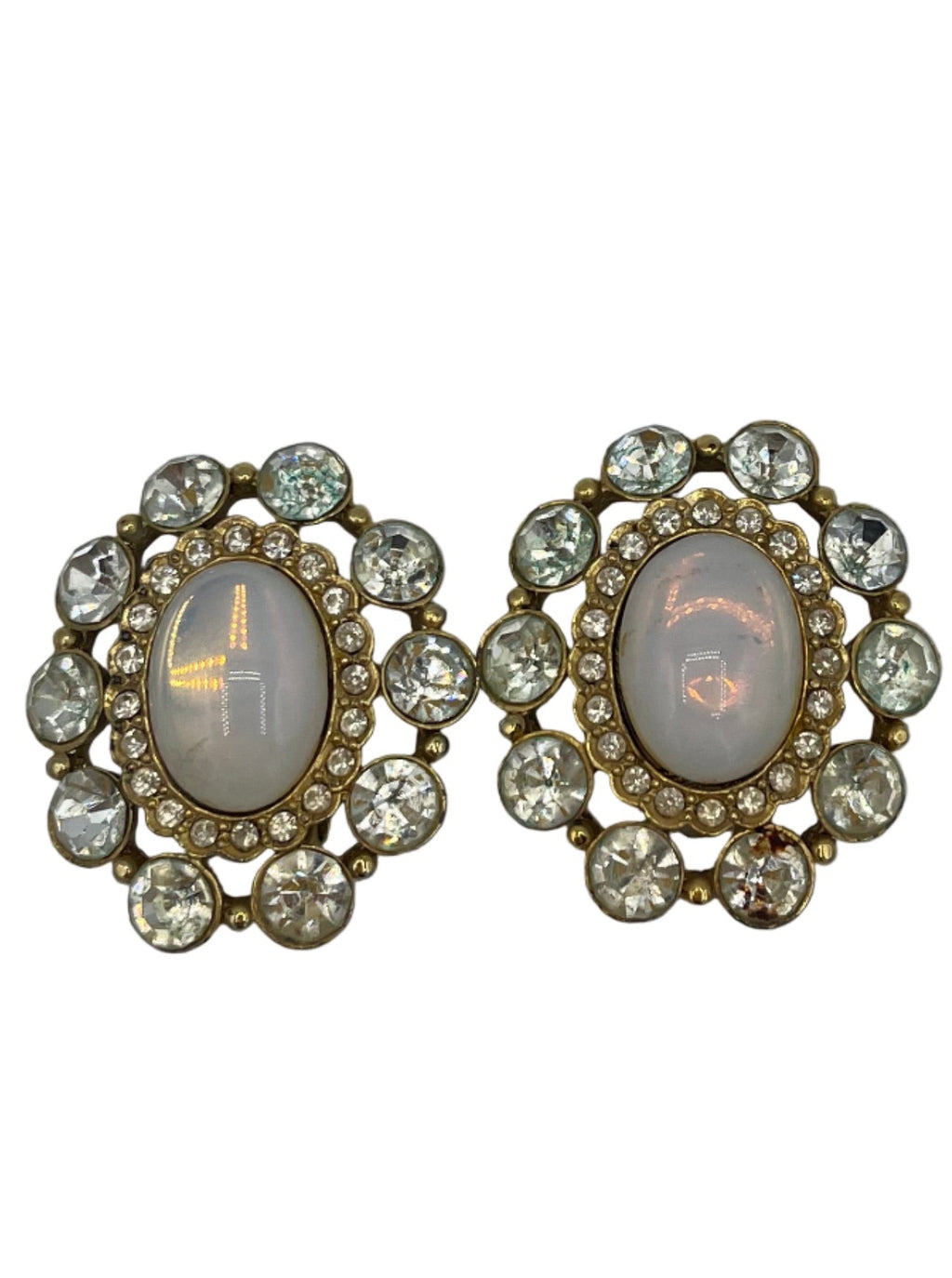 BUTLER & WILSON Signed Opal Diamanté Clip On Gold Tone Earrings