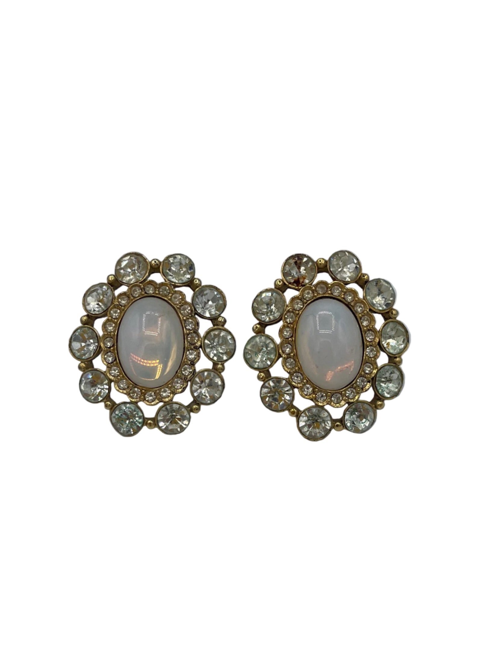 BUTLER & WILSON Signed Opal Diamanté Clip On Gold Tone Earrings