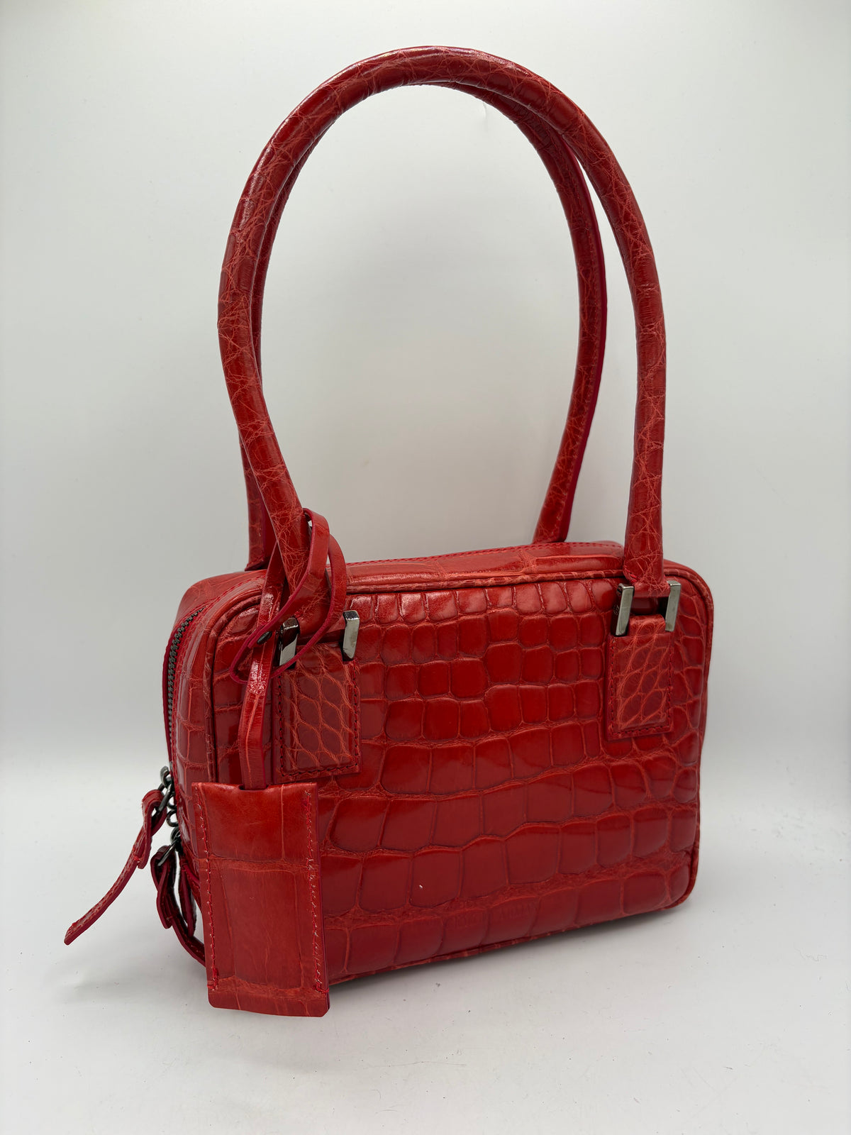 Giorgio Armani Bag Vintage Genuine Crocodile Leather Red Top Handle Handbag