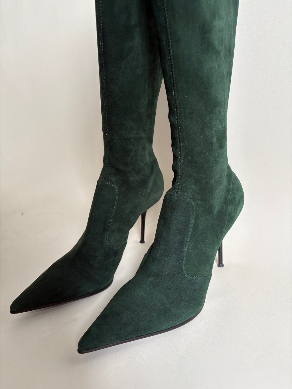 Le Silla Bottle Green Suede Pointed Toe Knee-High Stiletto Boots
