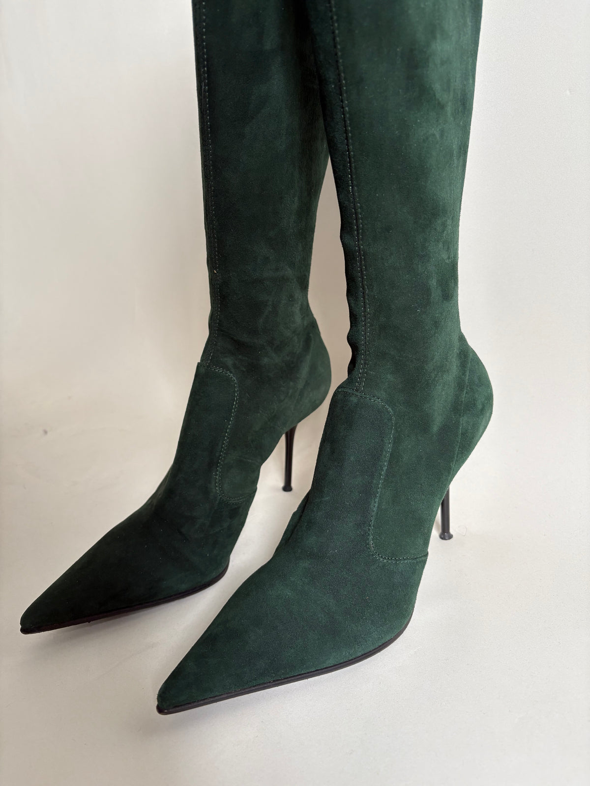 Le Silla Bottle Green Suede Pointed Toe Knee-High Stiletto Boots