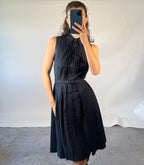 PRADA IT40 UK8 Vintage Dress Navy Cotton Button Front Belted Pleated Front