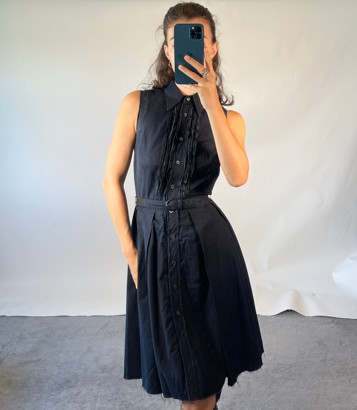 PRADA IT40 UK8 Vintage Dress Navy Cotton Button Front Belted Pleated Front