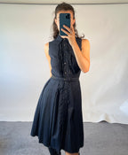 PRADA IT40 UK8 Vintage Dress Navy Cotton Button Front Belted Pleated Front