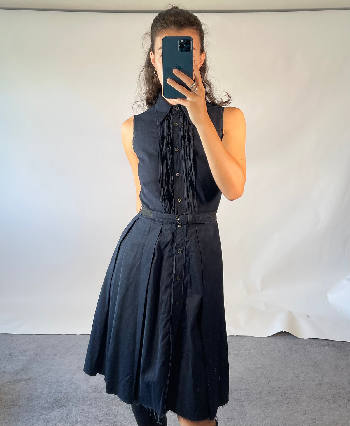 PRADA IT40 UK8 Vintage Dress Navy Cotton Button Front Belted Pleated Front