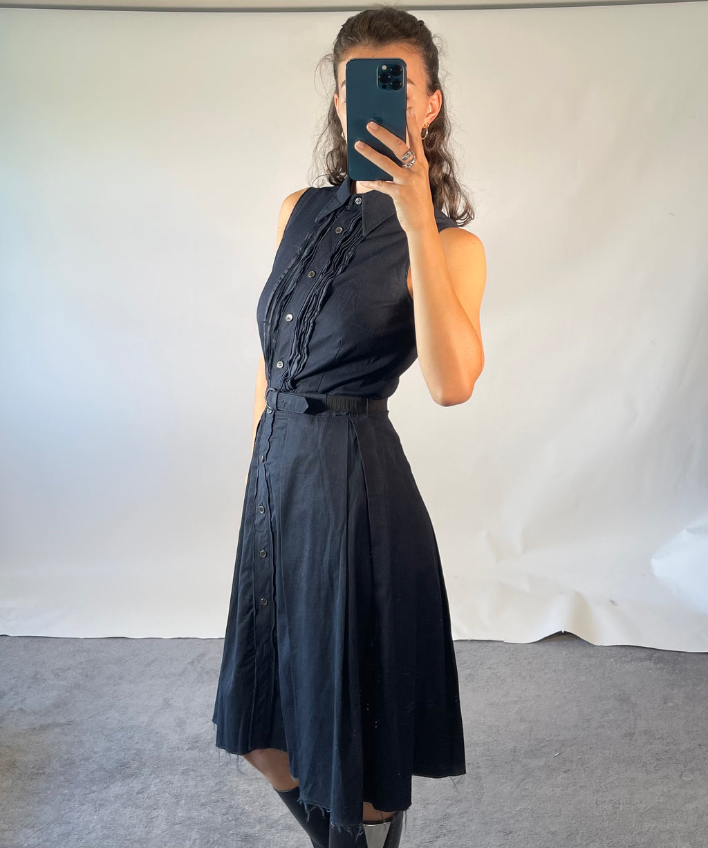 PRADA IT40 UK8 Vintage Dress Navy Cotton Button Front Belted Pleated Front