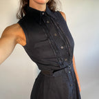 PRADA IT40 UK8 Vintage Dress Navy Cotton Button Front Belted Pleated Front