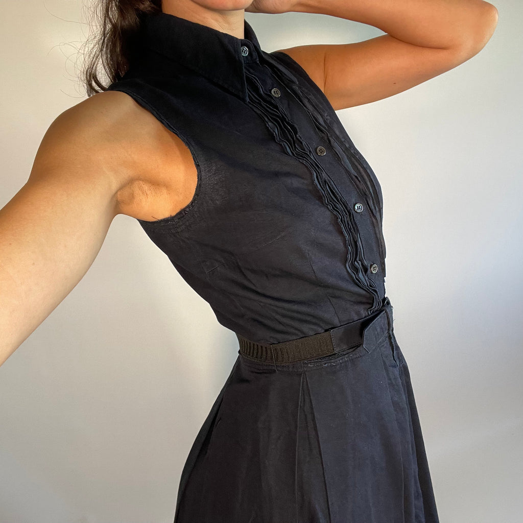 PRADA IT40 UK8 Vintage Dress Navy Cotton Button Front Belted Pleated Front