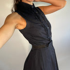 PRADA IT40 UK8 Vintage Dress Navy Cotton Button Front Belted Pleated Front