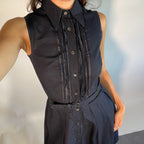 PRADA IT40 UK8 Vintage Dress Navy Cotton Button Front Belted Pleated Front