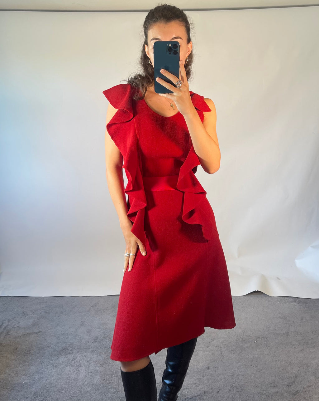 Oscar De La Renta US4 UK8 Vintage Dress Red Ruffled Wool Silk Tie Waist Poplin