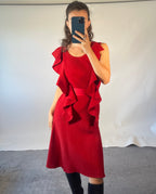 Oscar De La Renta US4 UK8 Vintage Dress Red Ruffled Wool Silk Tie Waist Poplin