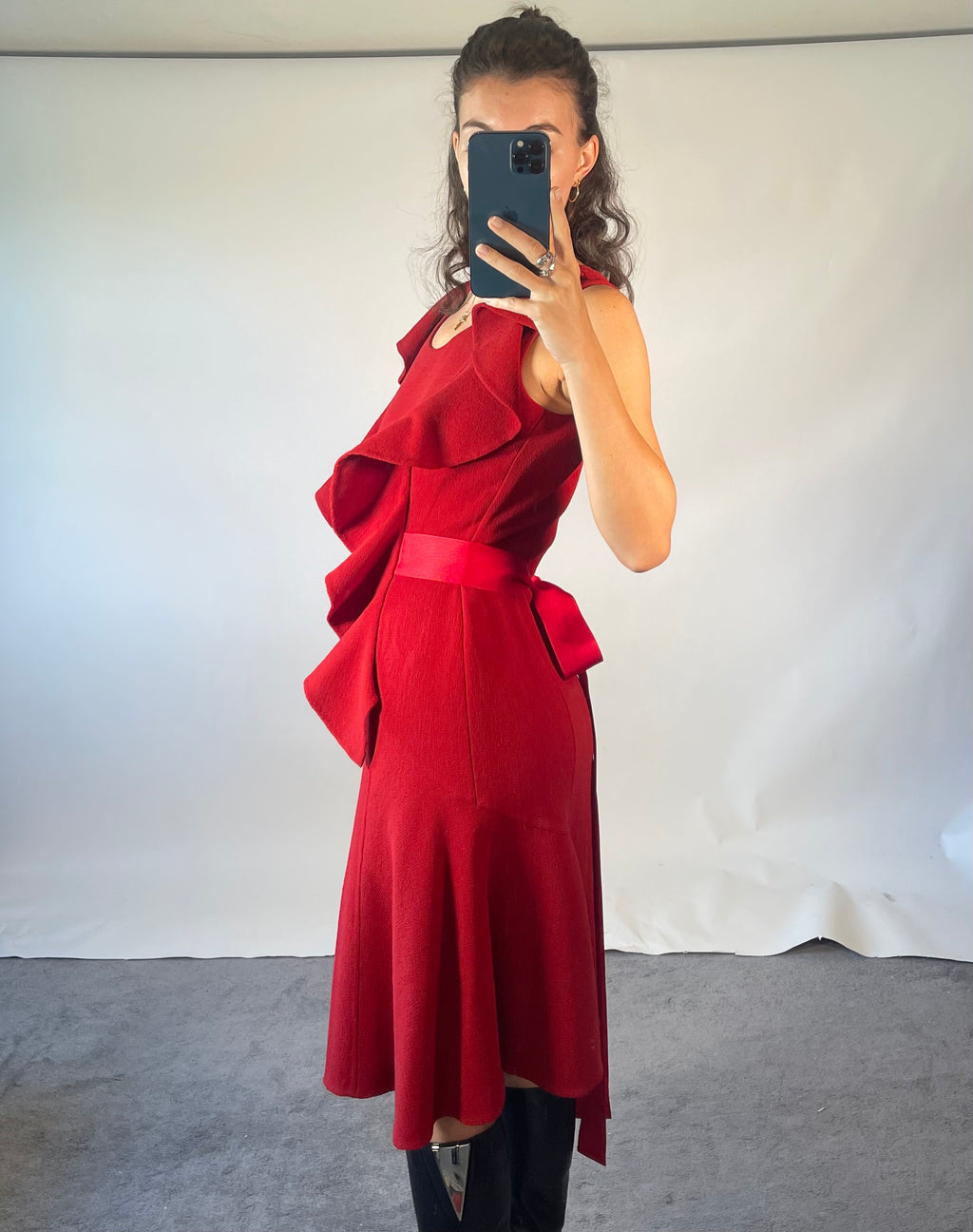 Oscar De La Renta US4 UK8 Vintage Dress Red Ruffled Wool Silk Tie Waist Poplin
