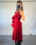 Oscar De La Renta US4 UK8 Vintage Dress Red Ruffled Wool Silk Tie Waist Poplin
