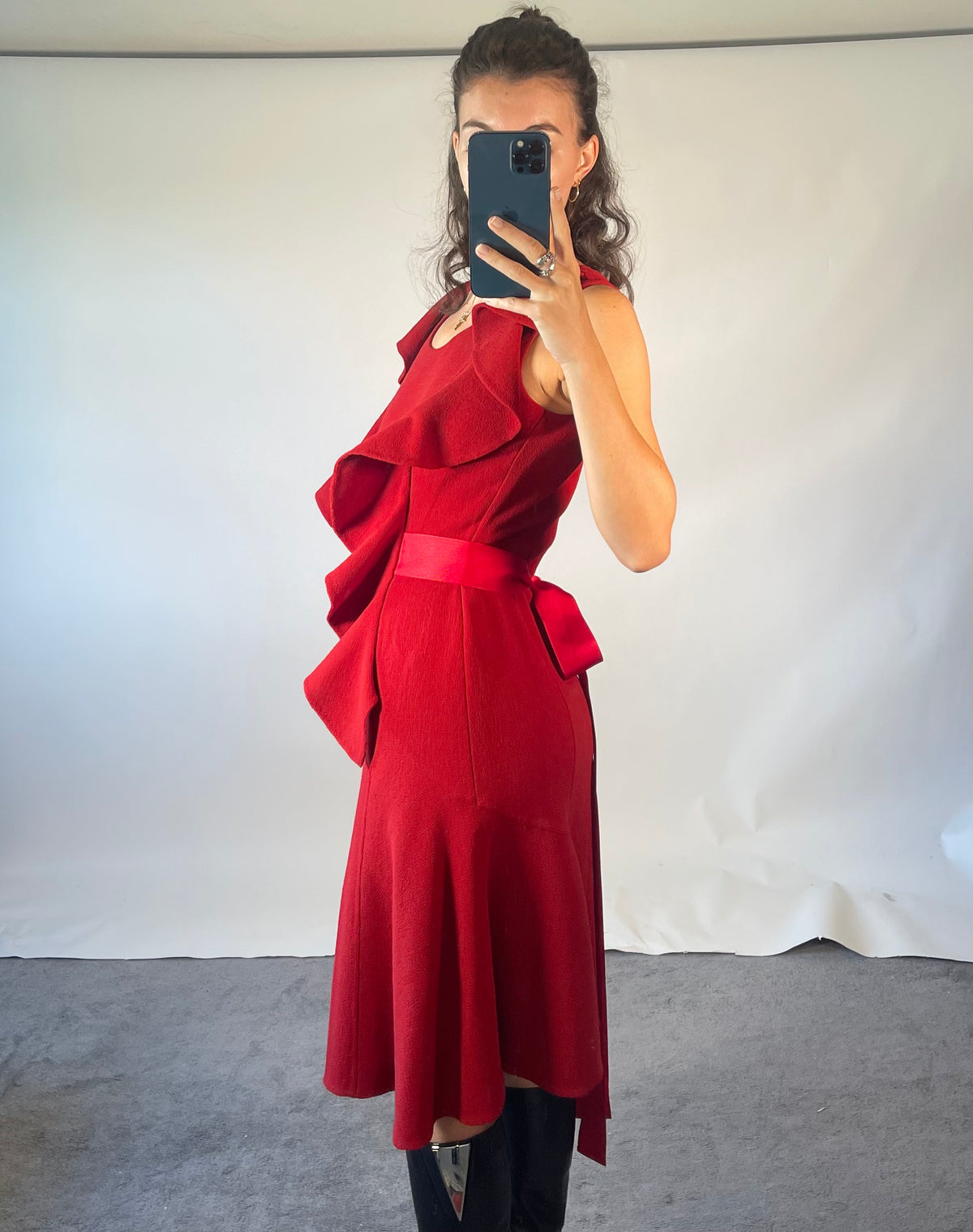 Oscar De La Renta US4 UK8 Vintage Dress Red Ruffled Wool Silk Tie Waist Poplin