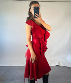 Oscar De La Renta US4 UK8 Vintage Dress Red Ruffled Wool Silk Tie Waist Poplin