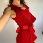 Oscar De La Renta US4 UK8 Vintage Dress Red Ruffled Wool Silk Tie Waist Poplin