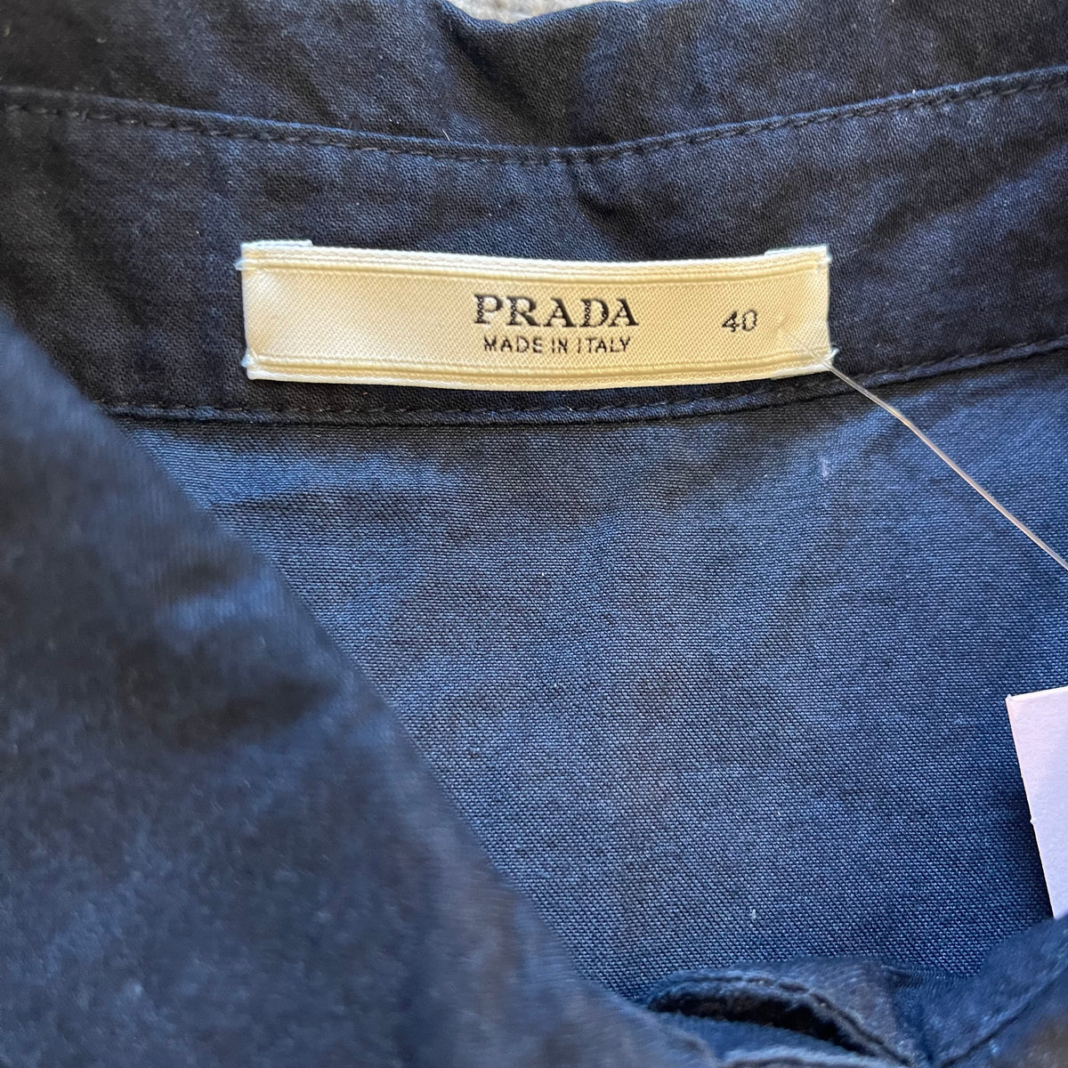PRADA IT40 UK8 Vintage Dress Navy Cotton Button Front Belted Pleated Front