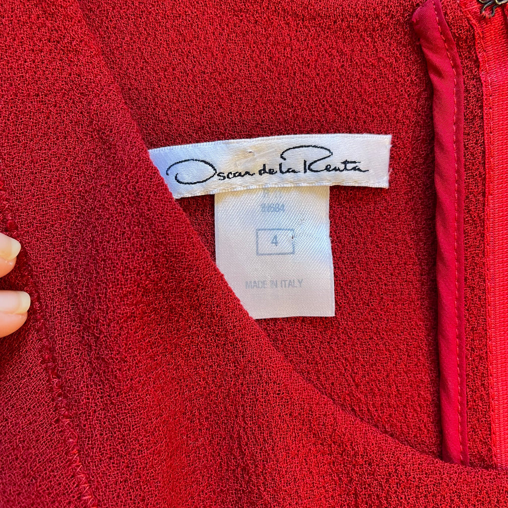 Oscar De La Renta US4 UK8 Vintage Dress Red Ruffled Wool Silk Tie Waist Poplin