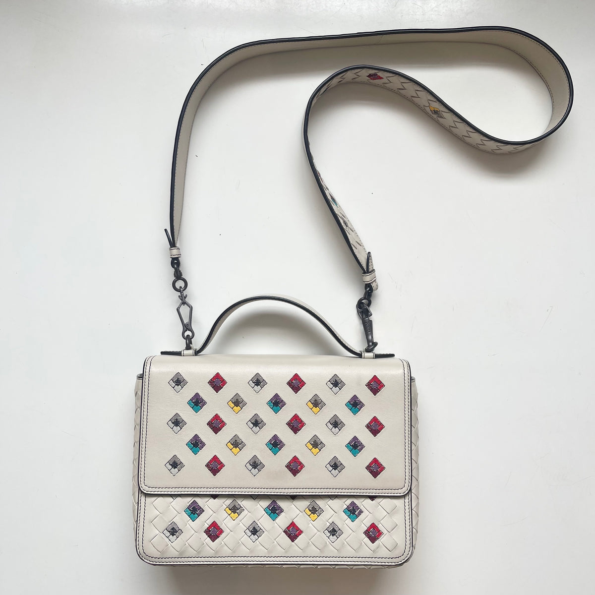 Bottega Veneta Alumna White Intrecciato Nappa Leather Embroidered Shoulder Bag