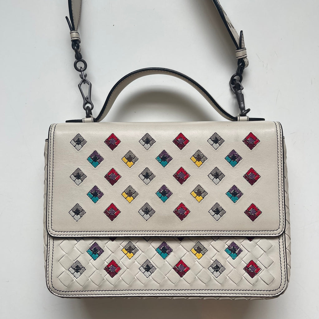 Bottega Veneta Alumna White Intrecciato Nappa Leather Embroidered Shoulder Bag