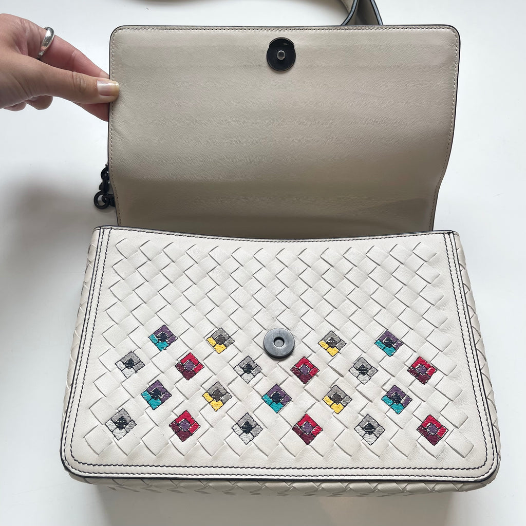 Bottega Veneta Alumna White Intrecciato Nappa Leather Embroidered Shoulder Bag