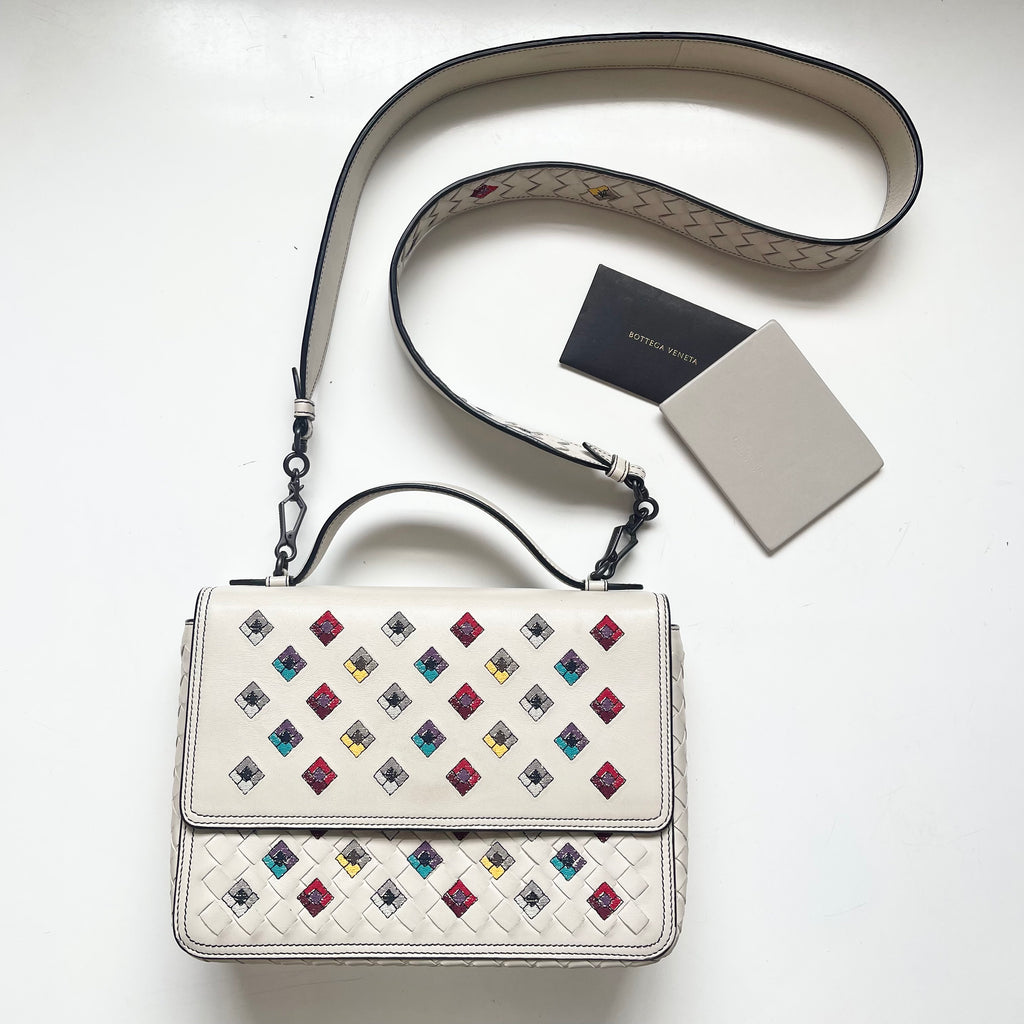 Bottega Veneta Alumna White Intrecciato Nappa Leather Embroidered Shoulder Bag