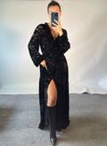 Hale Bob UK L Dress Silk Blend Black Velvet Floral Side Slit Maxi V Neck Frilled