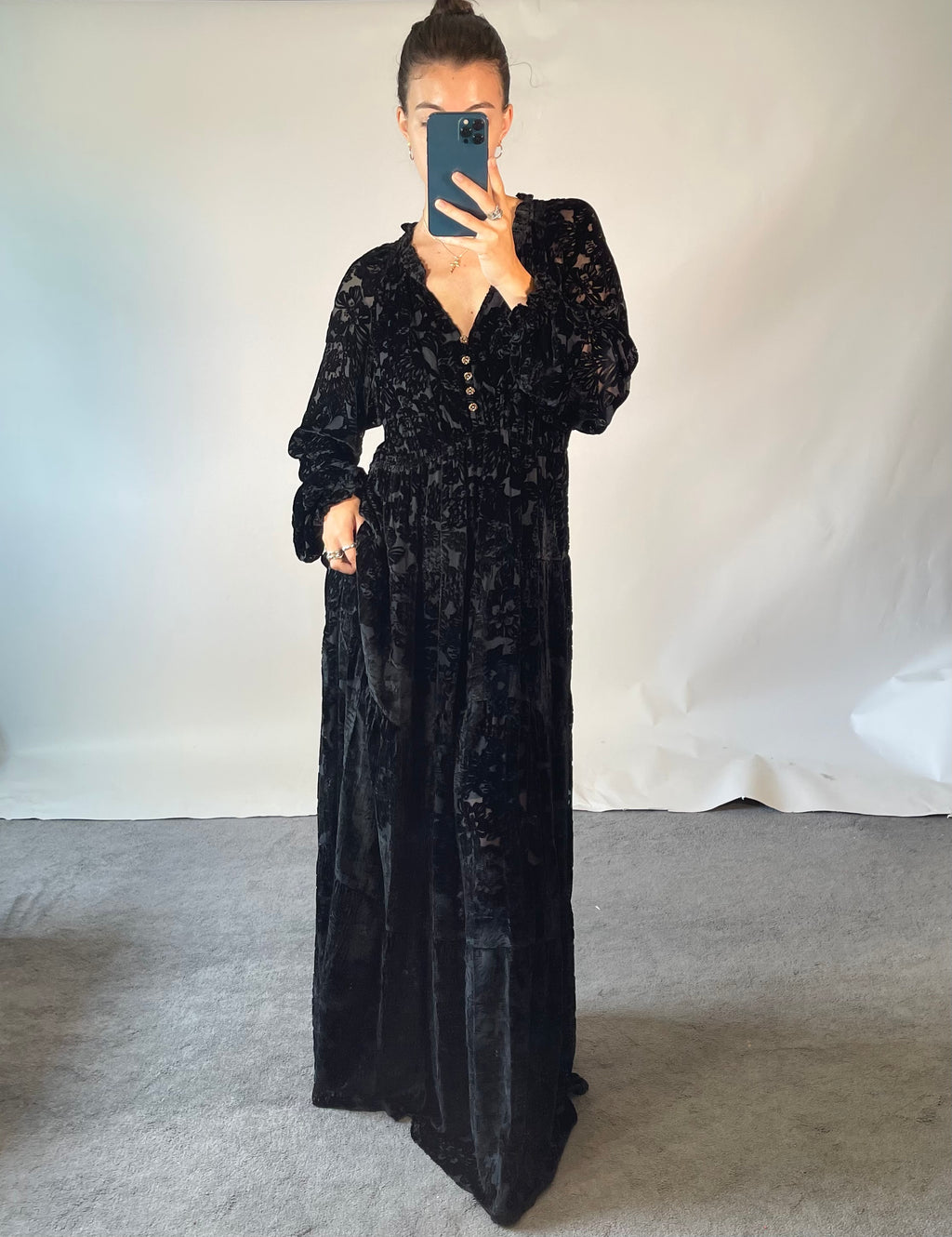 Hale Bob UK L Dress Silk Blend Black Velvet Floral Side Slit Maxi V Neck Frilled
