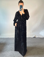 Hale Bob UK L Dress Silk Blend Black Velvet Floral Side Slit Maxi V Neck Frilled