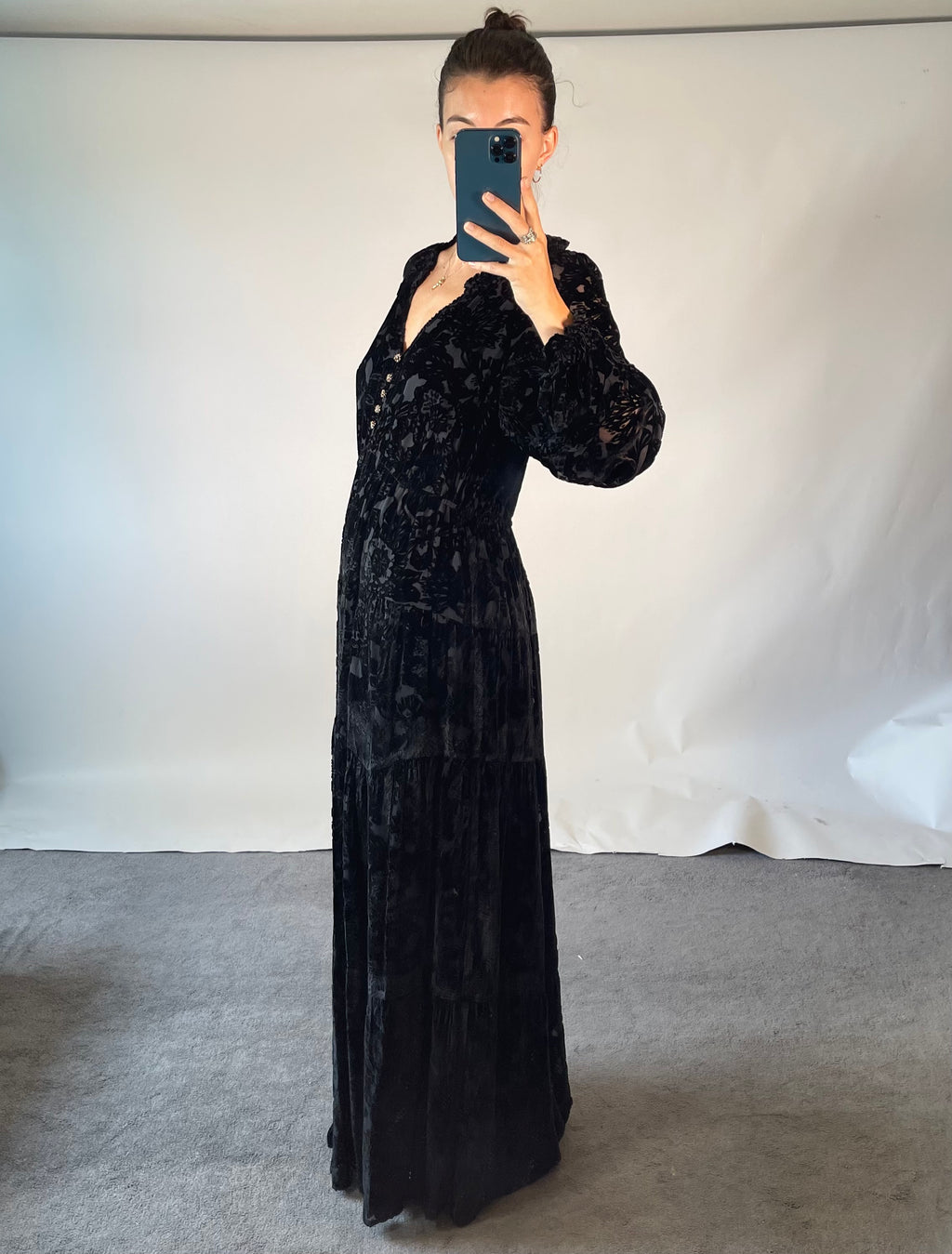Hale Bob UK L Dress Silk Blend Black Velvet Floral Side Slit Maxi V Neck Frilled