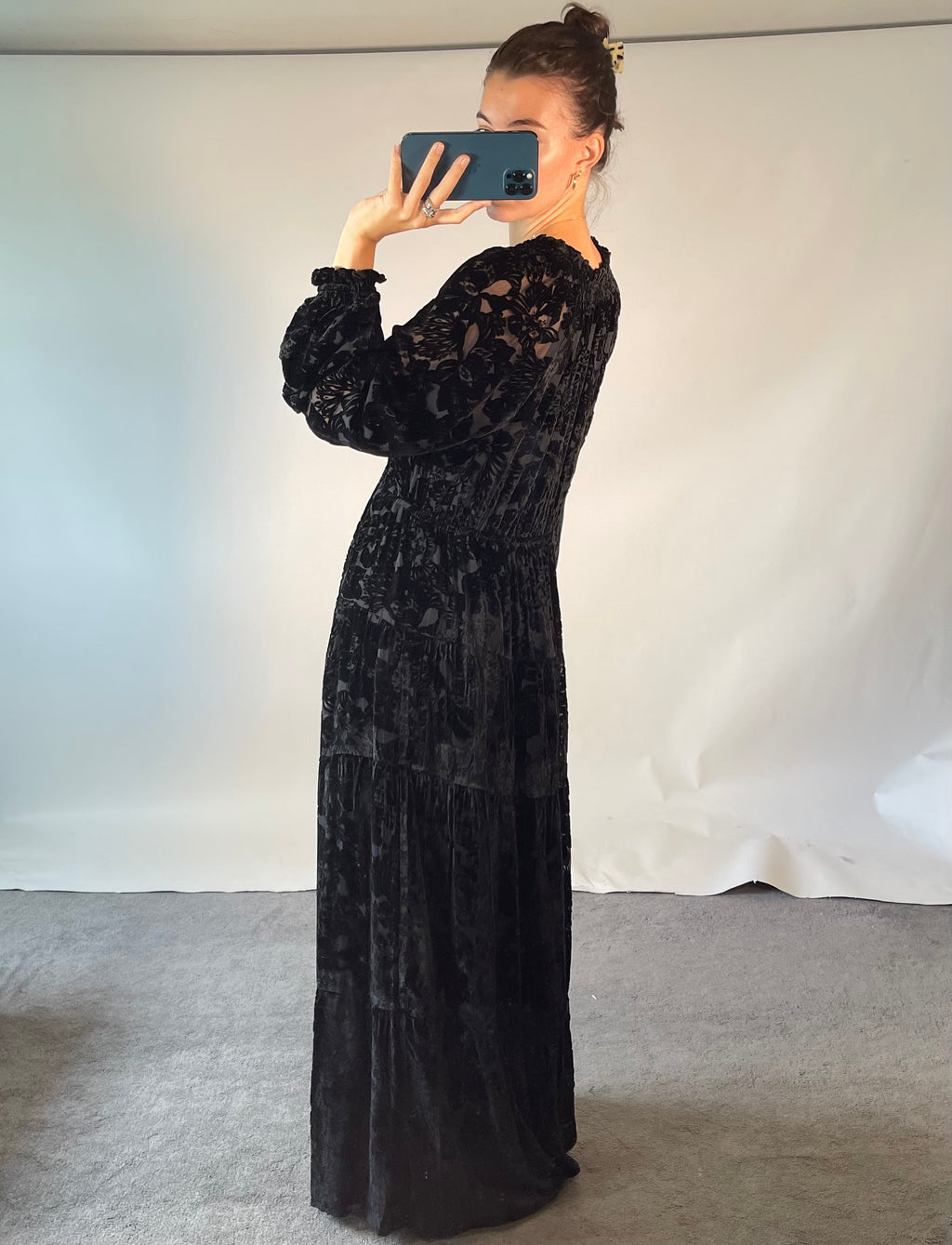 Hale Bob UK L Dress Silk Blend Black Velvet Floral Side Slit Maxi V Neck Frilled