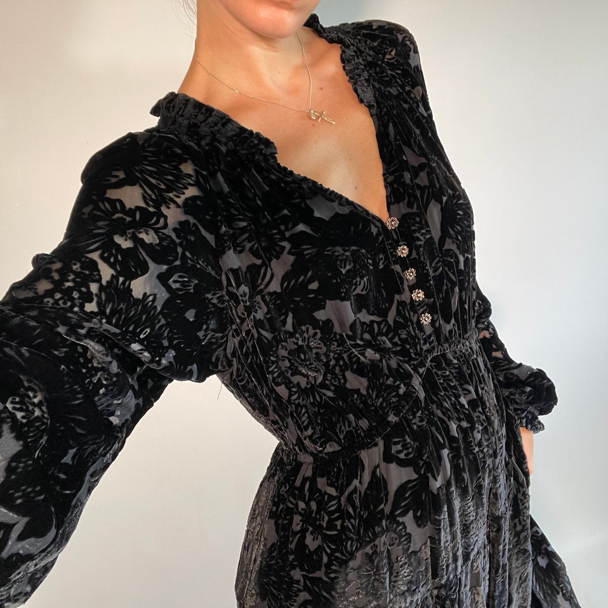 Hale Bob UK L Dress Silk Blend Black Velvet Floral Side Slit Maxi V Neck Frilled
