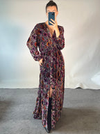 Hale Bob UK XL Dress Silk Blend Purple Velvet Floral Slit Maxi V Neck