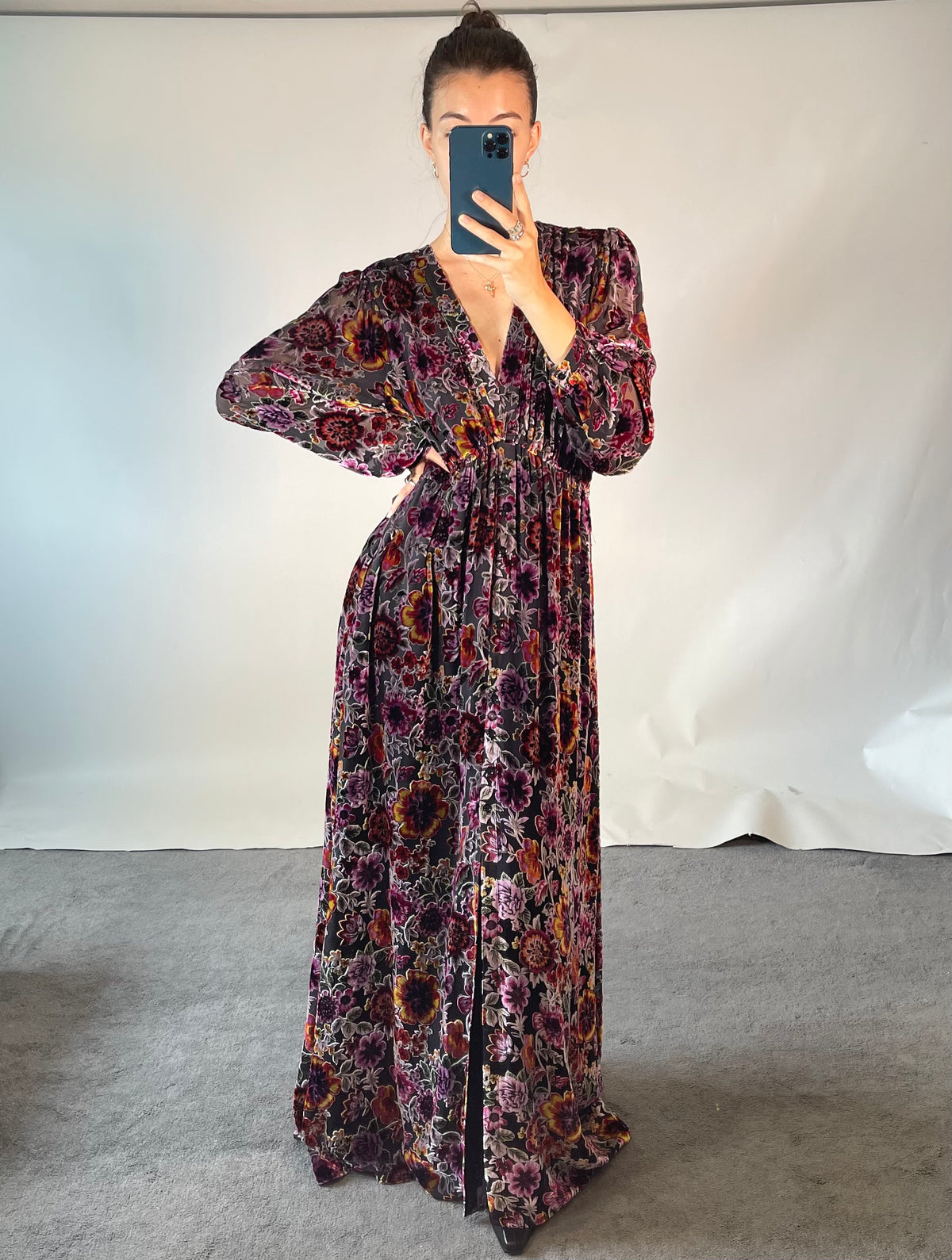 Hale Bob UK XL Dress Silk Blend Purple Velvet Floral Slit Maxi V Neck