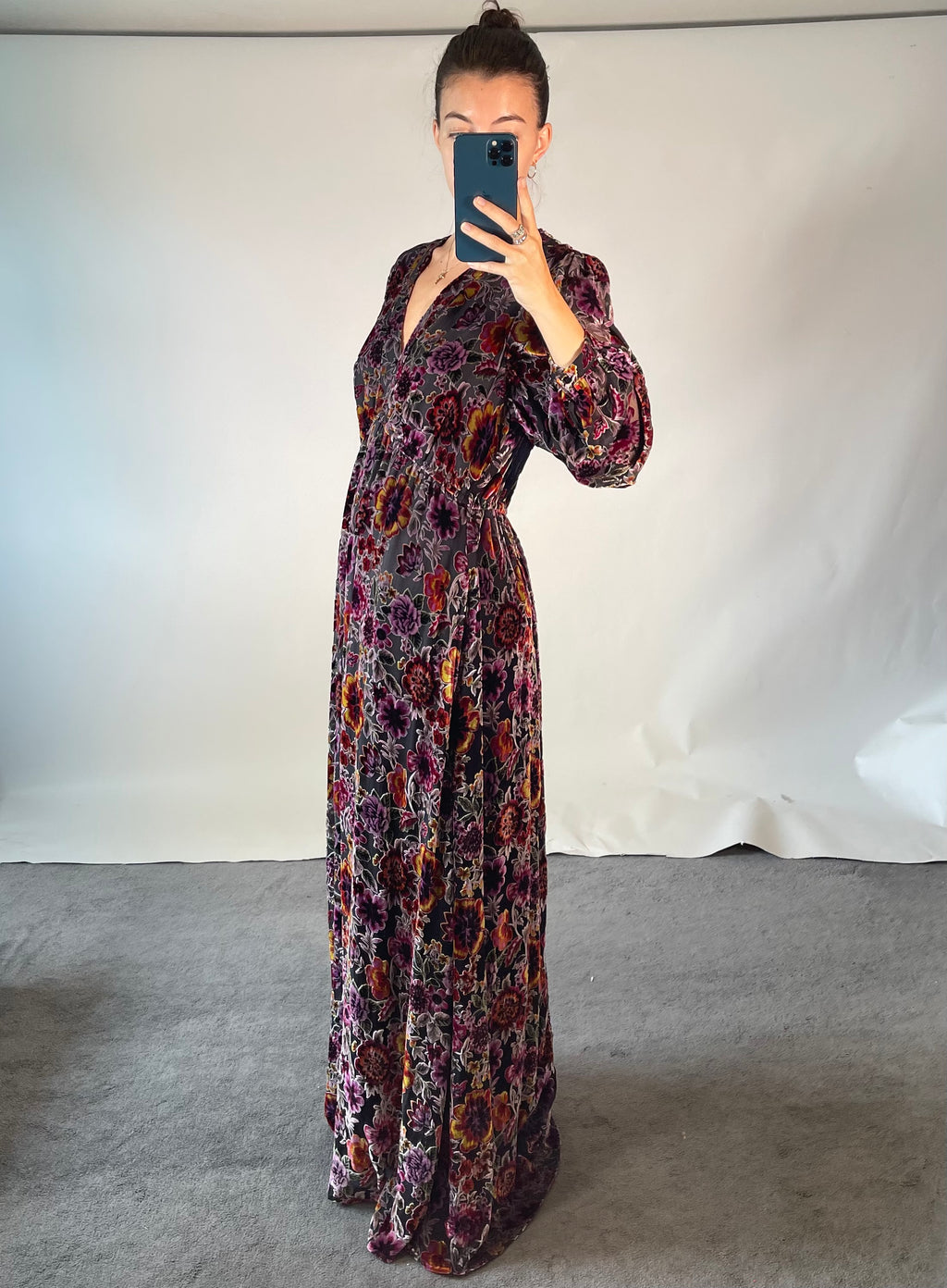 Hale Bob UK XL Dress Silk Blend Purple Velvet Floral Slit Maxi V Neck