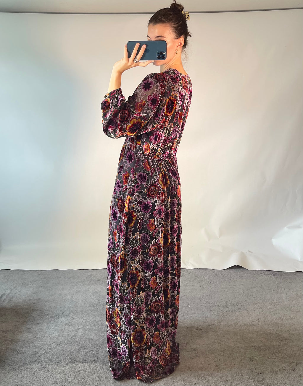 Hale Bob UK XL Dress Silk Blend Purple Velvet Floral Slit Maxi V Neck